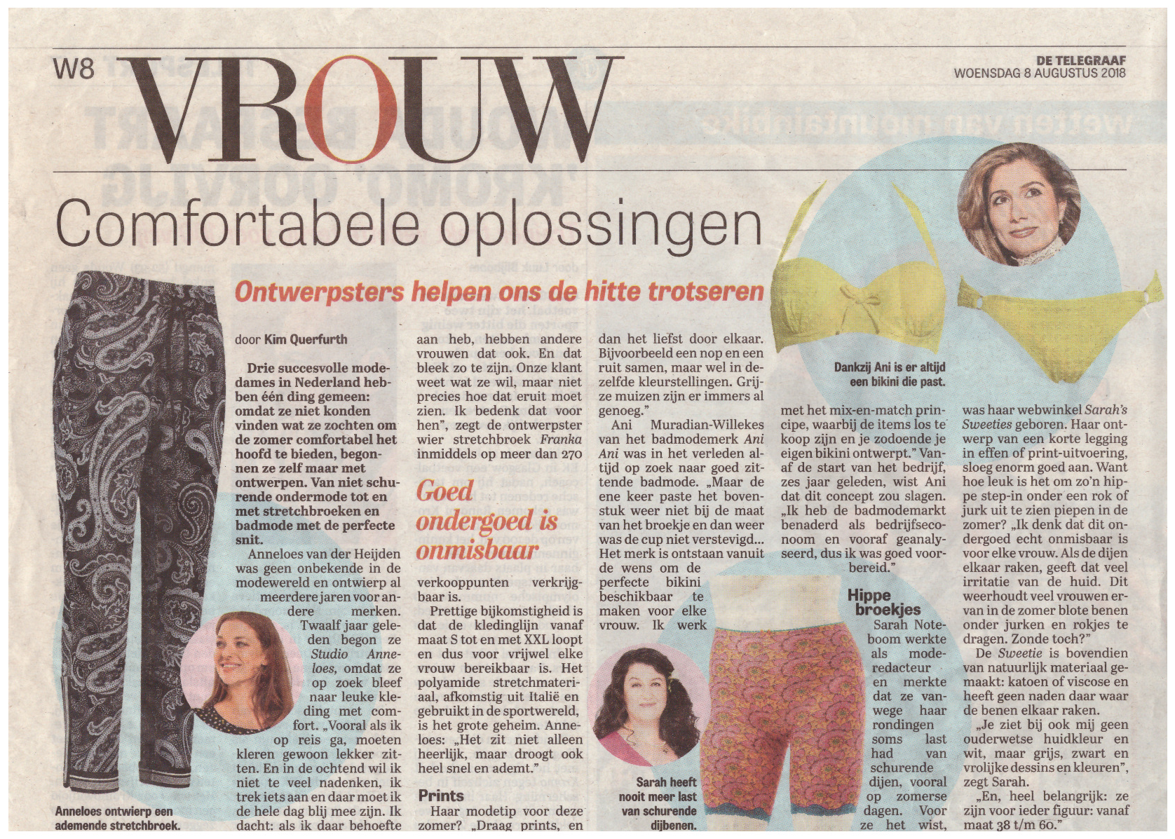 Foto van artikel van de Vrouw pagina van krant Telegraaf over drie vrouwen die kleding ontwerpen die je helpen de hitte te doorstaan. Sarah's Sweeties is een van die drie ontwerpers