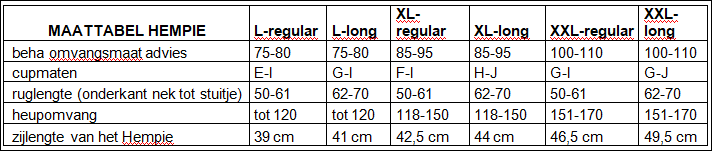 Plaatje van de maattabel van het Hempie. Als je het niet kunt lezen mail mij en ik help je met het uitzoeken van je maat.