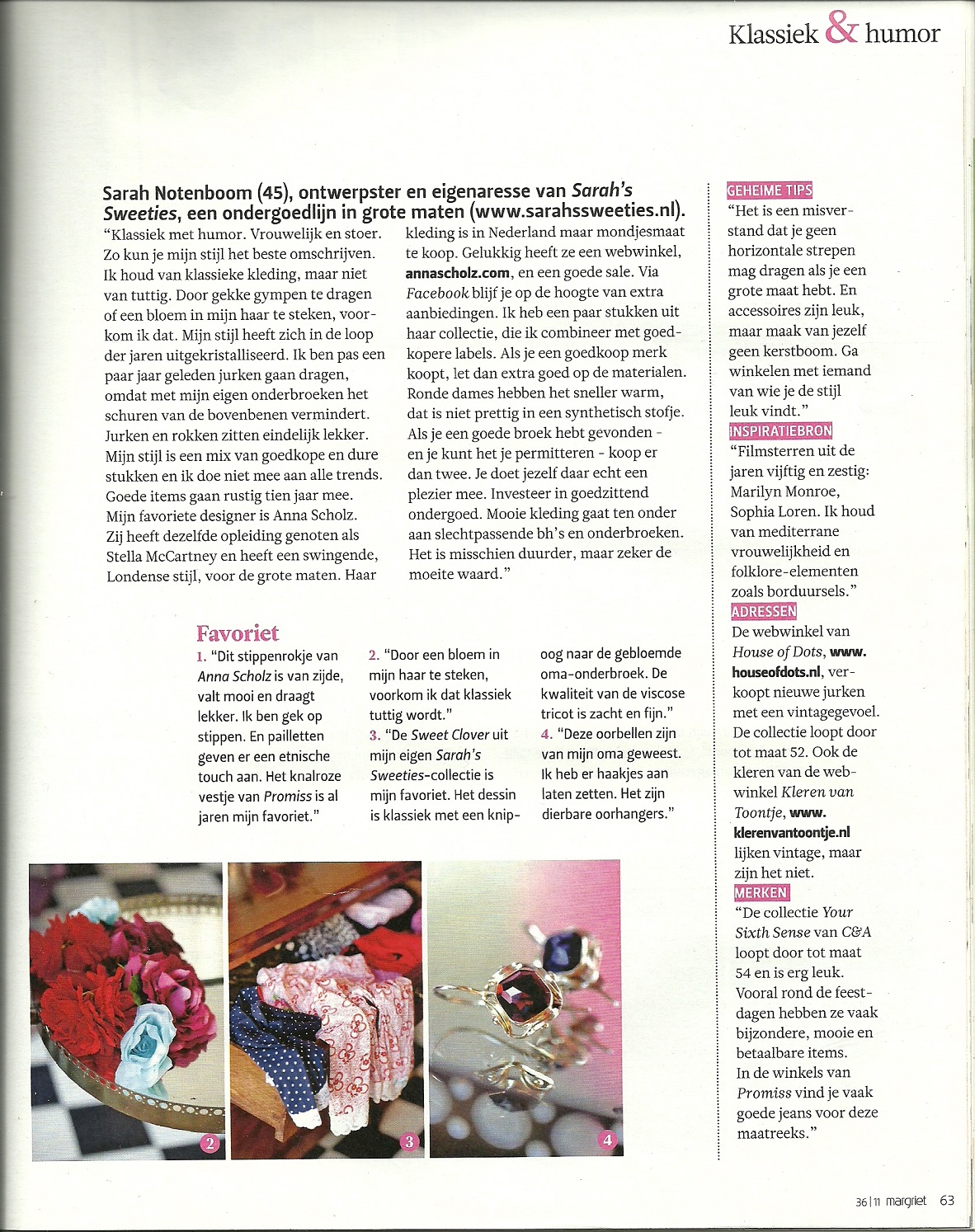 Interview met Sarah Notenboom van Sarah's Sweeties over je eigen unieke kledingstijl kiezen als vrouw met een grote maat. In het blad Margriet. Ter illustratie drie foto's van modeaccessoires van Sarah.